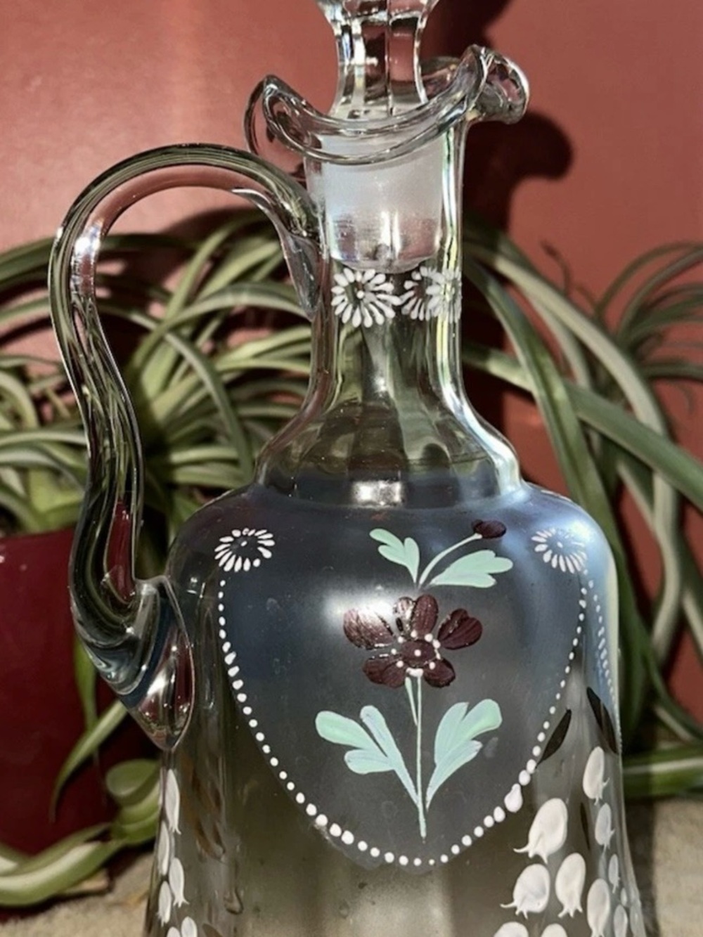 Vintage Hand Blown Hand Painted Floral Decanter With Stopper